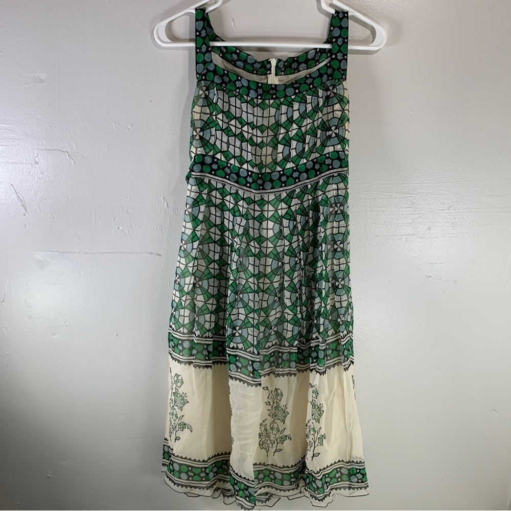 ANNA SUI ANTHROPOLOGIE Silk midi dress sleeveless green floral square neck XS - Picture 16 of 16